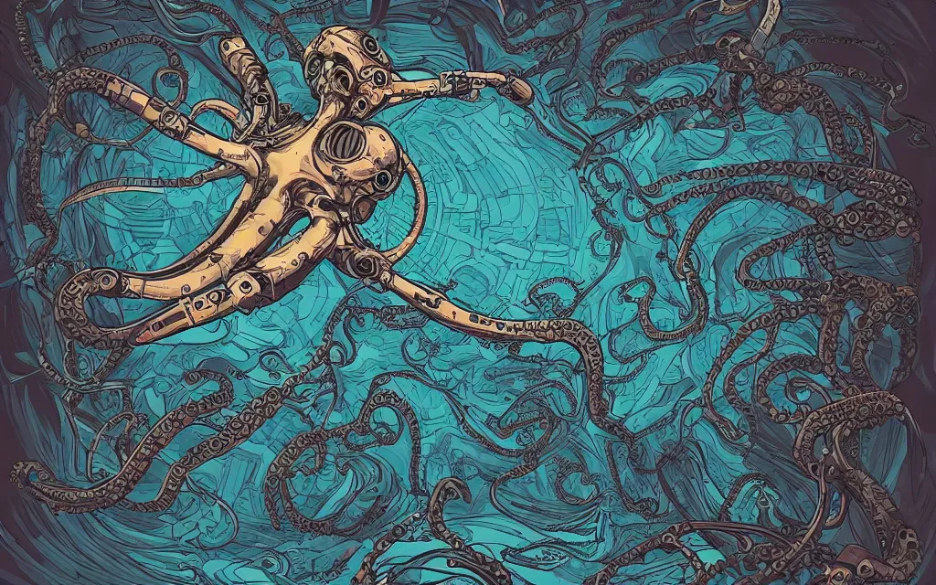 Image similar to biomechanical flying octopus, in the style of james jean and laurie greasley, dynamic composition, dramatic lighting, ultra detailed, nitro colors