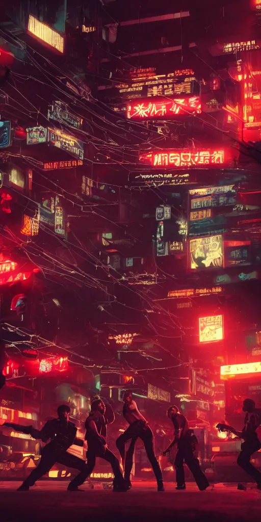 Image similar to epic highly detailed photo of gangs fight in cyberpunk night adult club, 3 5 mm, guns blasting, low angle, blade runner, akira, cinematic angle, cinematic lighting, reflections, action, battle