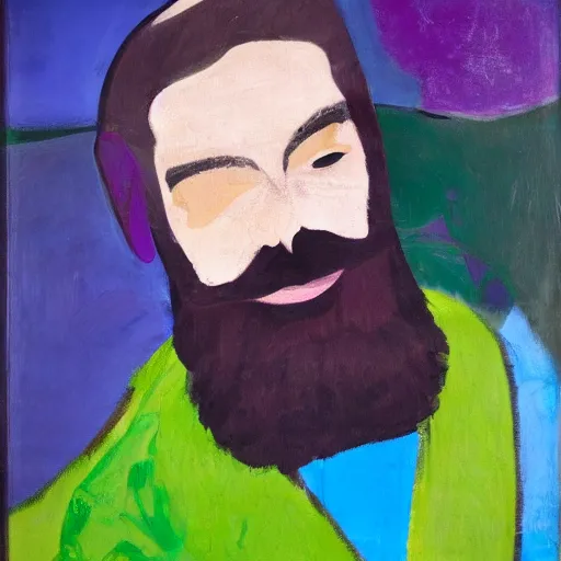 Prompt: bearded beautiful man, broad brush, purple, white, green colour scheme oil on canvas, by joshua miels, willem de kooning, giorgio griffa, niele toroni