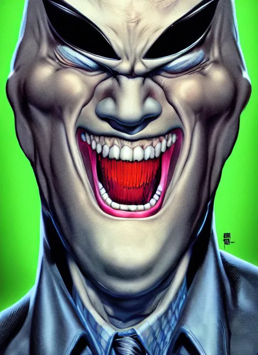 Image similar to aesthetic digital illustration of a handsome grinning young man by brian bolland, rachel birkett, alex ross, and neal adams | sinister, dangerous, character concept, concept art, unreal engine, finalrender, centered, deviantart, artgerm