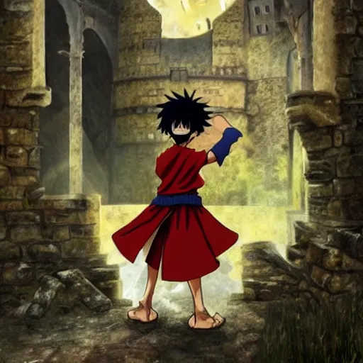 Image similar to luffy in the harry potter universe far away at some ruins from a castle. a wizard is already there and summons a portal that would take me back home, reallife