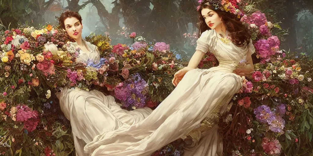 Prompt: portrait of a beautiful mysterious woman holding a large bouquet of flowing flowers, lying in an elaborate coffin, fantasy, regal, intricate, by stanley artgerm lau, greg rutkowski, thomas kindkade, alphonse mucha, loish, norman rockwell