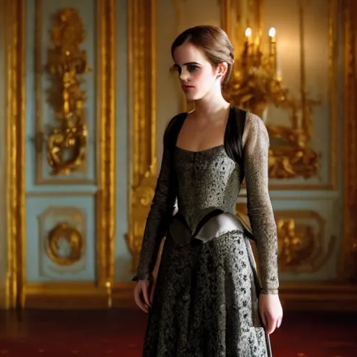 Prompt: full body photo of emma watson wearing a black dress in baroque room barry lyndon