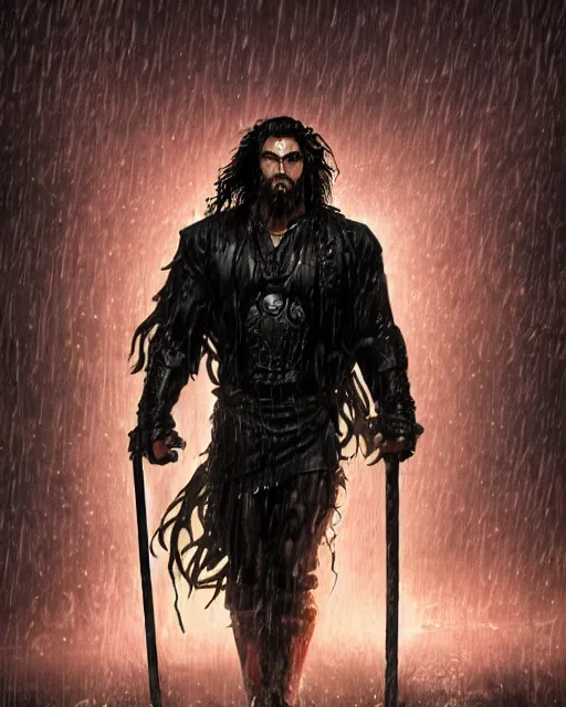 Image similar to An epic fantasy comic book style portrait painting of a very imposing Industrial goth Jason Momoa in the rain, wet hair, neon reflections, character design by Mark Ryden and Pixar and Hayao Miyazaki, unreal 5, DAZ, hyperrealistic, octane render, cosplay, RPG portrait, dynamic lighting, intricate detail, cinematic