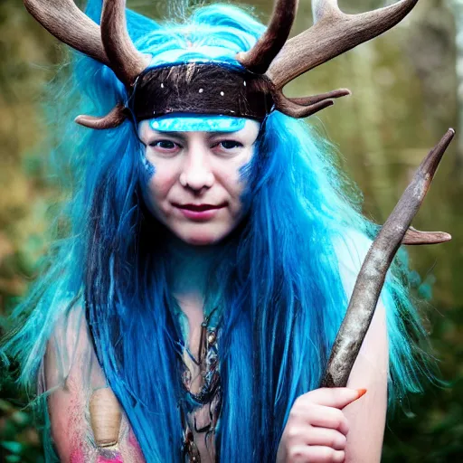 Image similar to A young female shaman, blue hair and antlers on her head. blindfolded, heilung, in the style of Heather