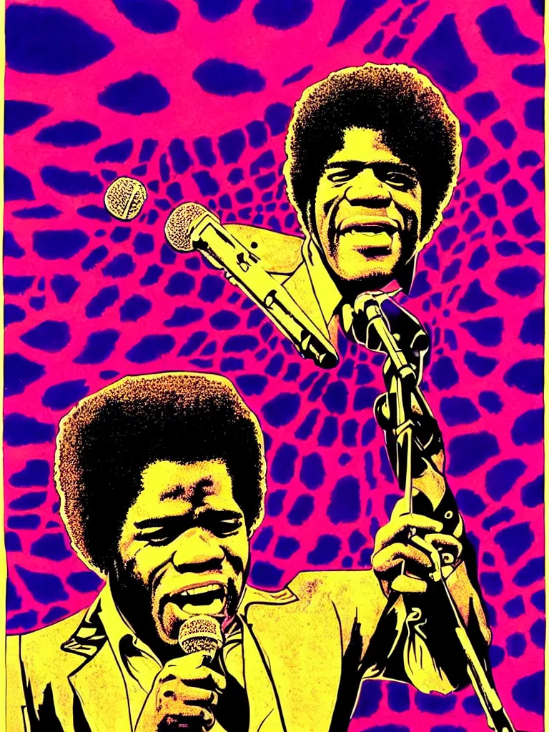 Prompt: psychedelic illustration, portrait of james brown holding a microphone, james brown 7 0 ’ s concert poster, highly detailed, colored illustration, “ superbad concert tour, 1 9 6 9 ”,