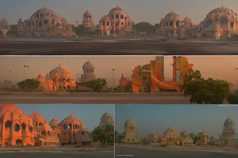 Image similar to beautiful dreamscape! biomorphic new delhi, hanuman!! head building, kalighat, octane photorealistic cinematic, stephen shore & john j. park, soft morning light, wide shot, high angle, uhd 8 k, deep focus