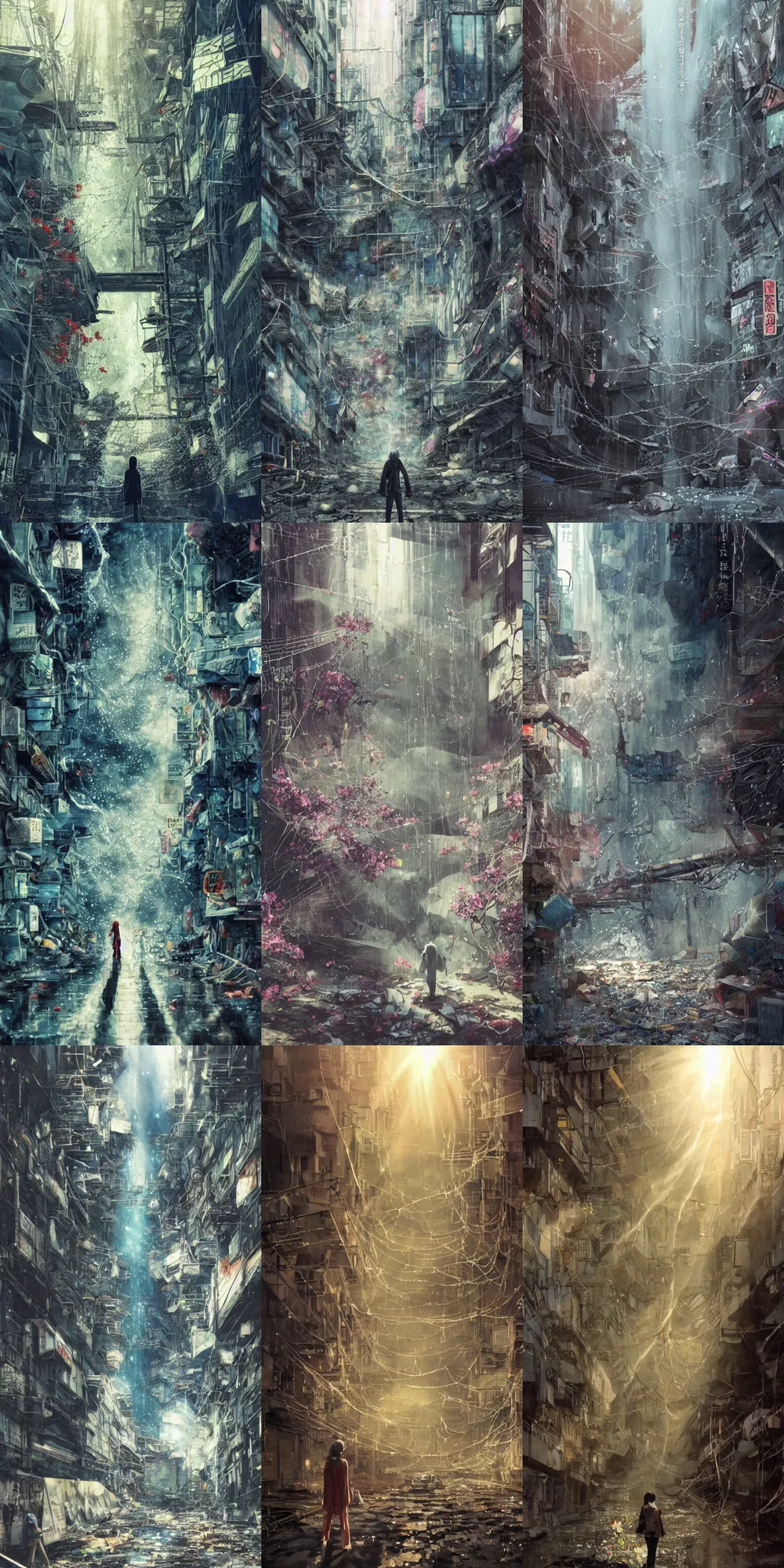 Prompt: anime movie scene, mamoru oshii, otomo, ultra wide, vanishing point, hoody woman explorer, watercolor, chasm, collapse, sinkhole, spiderwebs, flowers, dripping, waterfall, billboards, sun beam, dusty volumetric light, back lit, paper texture, puddles, deserted shinjuku junk, brutalist, golden ratio composition, hues