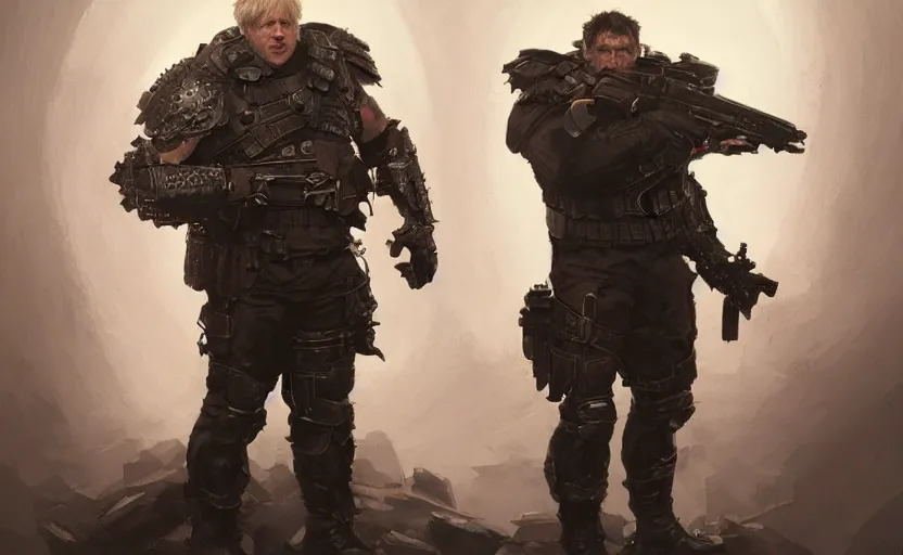 Image similar to Boris Johnson as Punisher, armor plate, realistic portrait, symmetrical, highly detailed, digital painting, artstation, concept art, smooth, sharp focus, illustration, cinematic lighting, art by artgerm and greg rutkowski and alphonse mucha