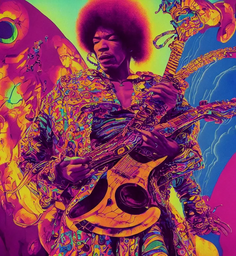 Prompt: colourful afrofuturist jimi hendrix playing guitar biomorphic opart, scifi, trippy, octane render 8 k, pascal blanche, josh kirby, roger dean, james jean, giger, arthur rackham, moebius, syd mead, killian eng beksinski, greg hildebrandt, scifi, 8 k