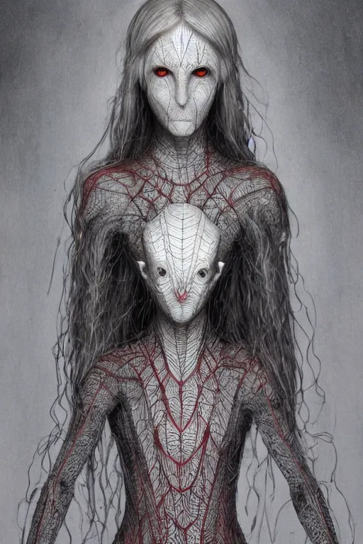 Image similar to full-body portrait of beautiful female grey elf (beautiful, dark grey skin, red eyes, white hair, symmetrical face) wearing a low-cut dress made of spider webs, dark fantasy, D&D, digital art, highly detailed, award winning, concept art, intricate, smooth, sharp focus, art by Greg Rutkowski, art by Ruth Asawa, art by Tim Burton, art by Ted Nasmith, art by H.R. Giger