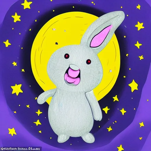 Image similar to A happy cartoon bunny protruded halfway out of a spiral black hole of stars and looked ahead-H 768