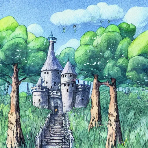 Prompt: laputa castle in the sky robot hayao miyazaki walks in a small clearing among trees, watercolor illustration for a book