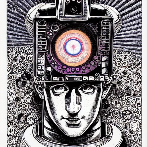 Image similar to the inner robotic self of mark zuckerberg, clockwork engine, psychedelic, lsd, spiritual, mystical, epic beautifully detailed pen, ink and copic markers drawing by milo manara