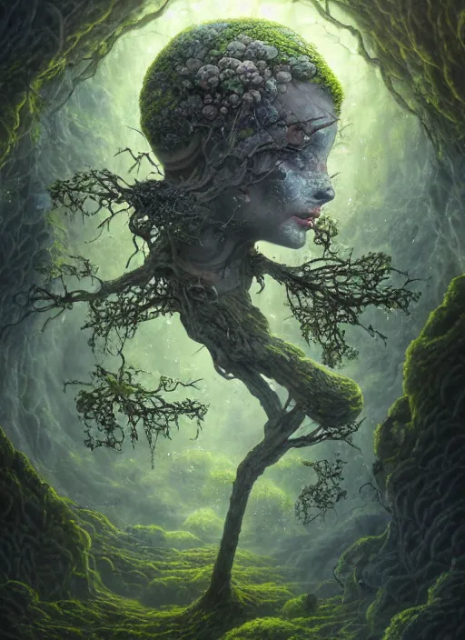 Prompt: Portrait of an Ancient Stone Robot with a tree growing out of her head, patches of moss, translucent leaves, extremly detailed digital painting, in the style of Tomasz Alen Kopera and Fenghua Zhong and Peter Mohrbacher, mystical colors, rim light, beautiful lighting, 8k, stunning scene, raytracing, octane, trending on artstation