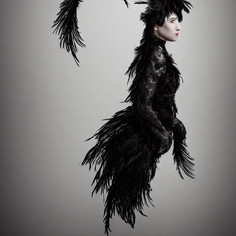 Image similar to hight focus of a wonderful realistic focused sweet wonderful symmetrical mid portrait of a lonely woman with a detailed dress made of a realistic black raven plumes, dramatic light, octane render - 8 k