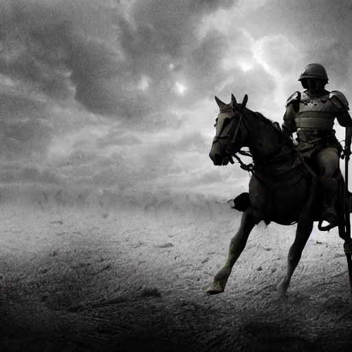 Image similar to a haunting hyper-realistic photograph of a tired spartan soldier riding a horse on the battlefield in the style of a photo-realistic, realistic photograph, 3D render, blender, moonlight, detailed, dark, ominous, threatening, haunting, forbidding, colorful, stormy, doom, apocalyptic, sinister, ghostly, unnerving, harrowing, dreadful ,frightful, shocking, terror, hideous, ghastly, terrifying