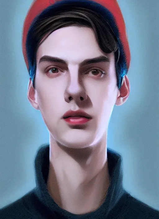 Image similar to portrait of teenage jughead jones wearing a light grey crown, crown, blue turtleneck, closed eyes, photorealistic, black hair, glowing lighting, intricate, elegant, glowing lights, highly detailed, digital painting, artstation, concept art, smooth, sharp focus, illustration, art by wlop, mars ravelo and greg rutkowski