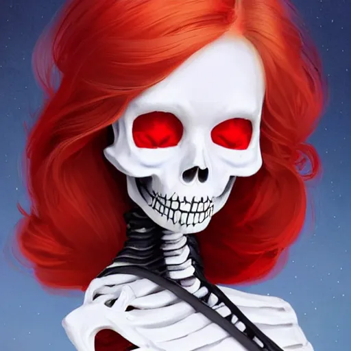 Image similar to cute & beautiful smug smiling undead skeleton girl with very attractive face and red hair dressed as a soviet mitary officer, elegant, digital art, fullbody painting, fantasy, pixar style, painting, pin up, highly detailed, artstation, art by artgerm, vrubel, greg rutkowski, ilya kuvshinov, raymond swanland