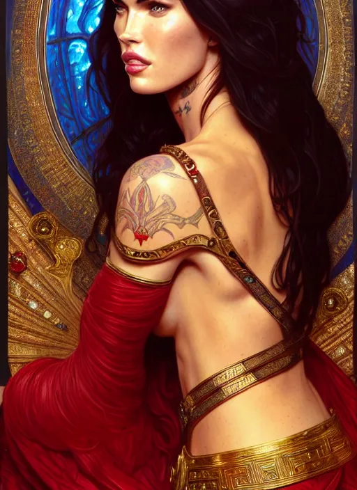 Image similar to portrait of megan fox as a queen, throne, jewelry, greek, ruby, intricate, headshot, highly detailed, digital painting, artstation, concept art, sharp focus, cinematic lighting, illustration, art by artgerm and greg rutkowski, alphonse mucha, cgsociety