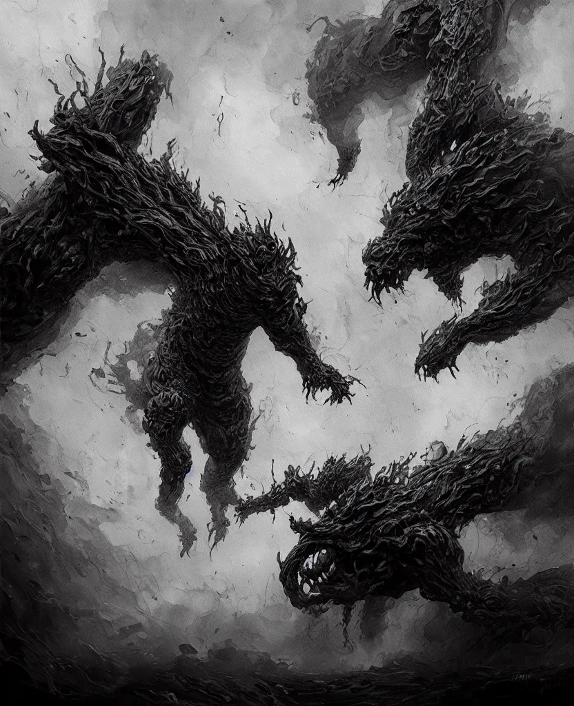 Image similar to a painting of a giant smoke monster fighting a young man, dark colors, sinister atmosphere, dramatic lighting, cinematic, establishing shot, extremely high detail, photo realistic, cinematic lighting, pen and ink, intricate line drawings, by Yoshitaka Amano, Ruan Jia, Kentaro Miura, Artgerm, post processed, concept art, artstation, matte painting, style by eddie mendoza, raphael lacoste, alex ross,