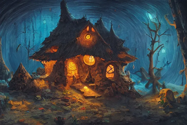 Prompt: witch hut, ambient lighting, intricate, hyper detailed, smooth, dynamic volumetric lighting, cinematic, high quality, high resolution, 4 k, cubist painting by picasso