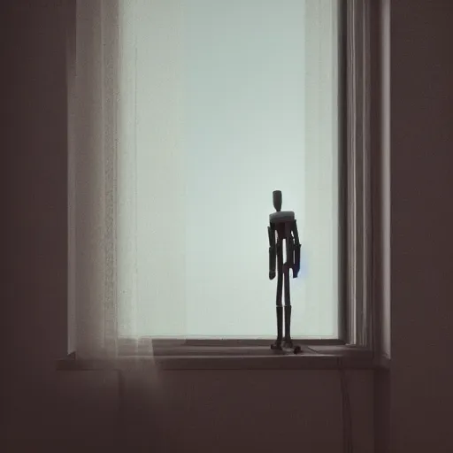 Prompt: tall robot living in a room in a city scraper, wooden parquet, up high, cloudy nature landscape outside of window, cables, elegant, detailed, unreal 5, rule of thirds, artstation, smooth, depth haze, cinematic, glow, 4 k, 1 6 : 9