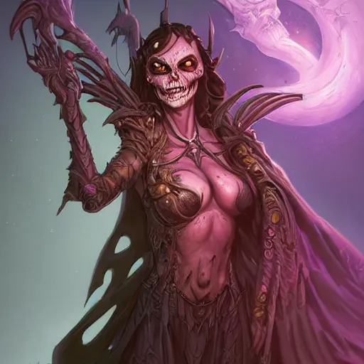 Image similar to portrait of beautiful undead wight sorceress, waist - up, perspective, dnd, backlight, detailed, crisp, contrast, by magali villeneuve