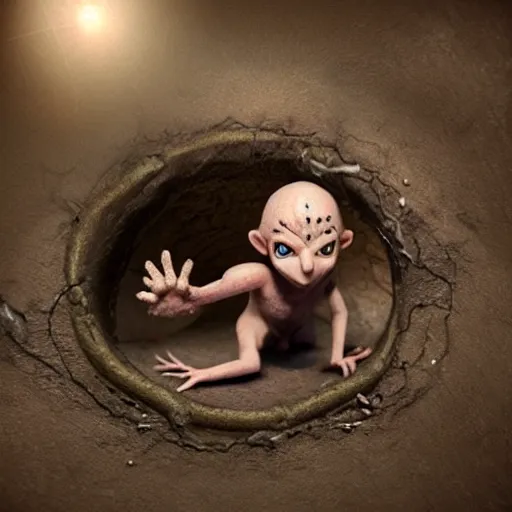 Image similar to a little homunculus man slipping his way into a little rat hole, vfx, hyper realistic