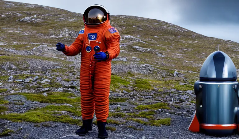 Prompt: tourist astronaut in sci-fi suit, standing in the Isle of Harris, Scotland, a futuristic space caravan in the background, wide angle lens, photorealistic