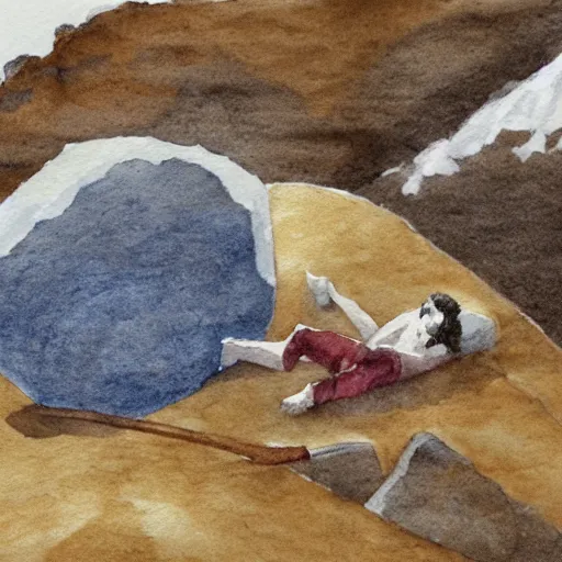 Prompt: snowy watercolor of sisyphus resting next to his boulder