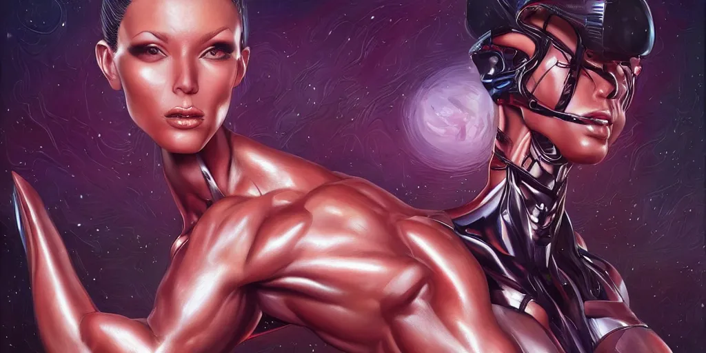 Image similar to beautiful muscular alien fitness model with 4 arms, sci - fi, portrait, digital painting, retro futurism, anatomically correct, by artgerm, ross trand and ilya kuvshinov