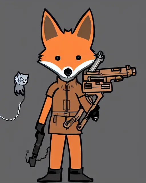 Image similar to a fox wearing a black trench - coat holding a mini - gun, comic art style, digital art,