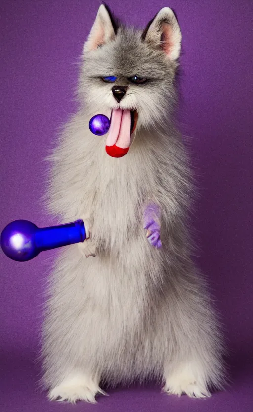 Prompt: An award winning photograph of a blue-eyed furry creature, red fur, with a large purple mustache, large eyes, bubbles in the air, wheels for hands, studio lighting, medium shot, Sigma 85mm, 8k