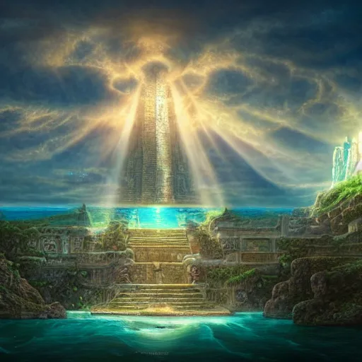 Image similar to A beautiful render of a lost city under the ocean, by robert steven connett and tomasz alen kopera and Jordan Grimmer, salvador dali style, gods ray, mesmerizing clouds, underwater, 4k hd wallpaper