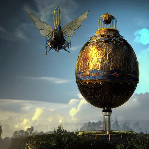 Image similar to enormous flying faberge egg, sky, steampunk, fantasy art, unreal engine