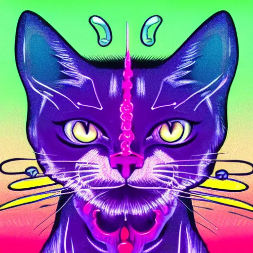 Prompt: demon cat with sparkling eyes 8 0 s neon colors