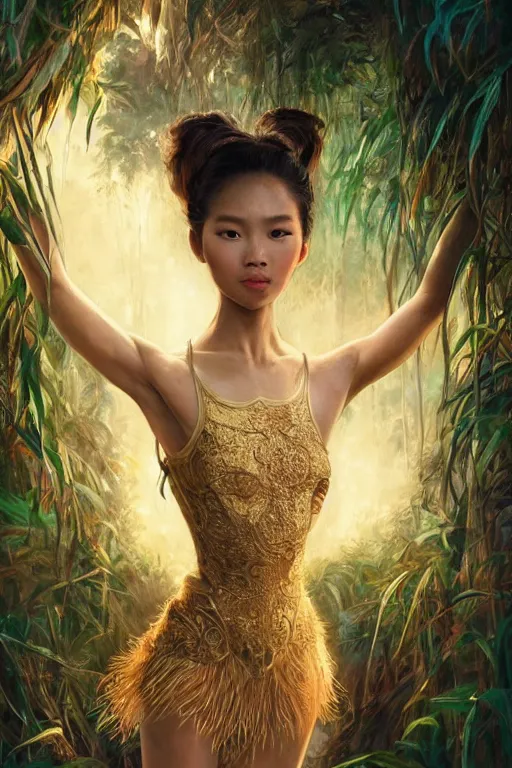 Prompt: stunningly beautiful, filipina prima ballerina in jungle, symmetrical face, golden hour, smooth, focus, highly detailed, hyper realistic, dramatic lighting, elegant, intricate, concept art, art by wlop, mars ravelo, greg rutowski, artstation