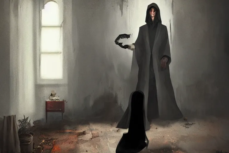 Prompt: the magician with a black robe inside a abandoned house, shadows, lurker, artstation