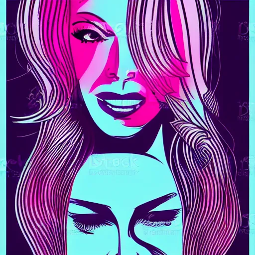 Image similar to a beautiful face of a woman, with a tattoo of semi colon on her face, in retro colors, synthwave style, 2 d digital vector art