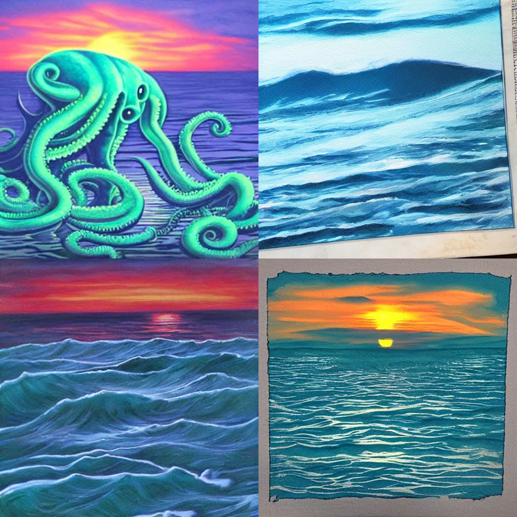 Prompt: blue + ocean + sunset + Cthulu rises