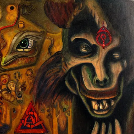 Image similar to portre of an autistic demon on acid, masonic and kabalistic symbols in background, oil painting