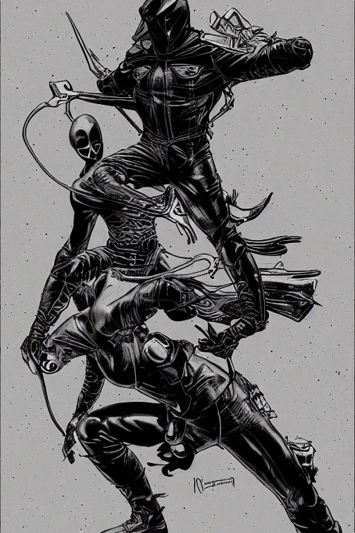 Prompt: full body dark rider with leather hood, posed like frazetta black rider, by moebius and dan mumford, monochrome background