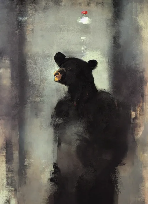 Prompt: portrait painting of anthropomorphic black bear in traditional japanese clothes by jeremy mann, only one head single portrait