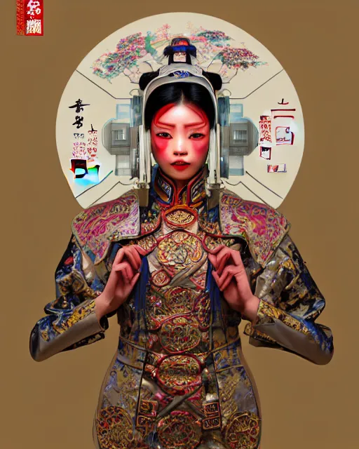 Image similar to portrait of a chinese cyberpunk machine, machine face, robed, upper half portrait, decorated with chinese opera motifs, regal, asian, fine china, wuxia, traditional chinese art intricate intense elegant 京 剧 highly detailed digital painting artstation concept art smooth sharp focus illustration, art by artgerm and greg rutkowski alphonse mucha 8 k