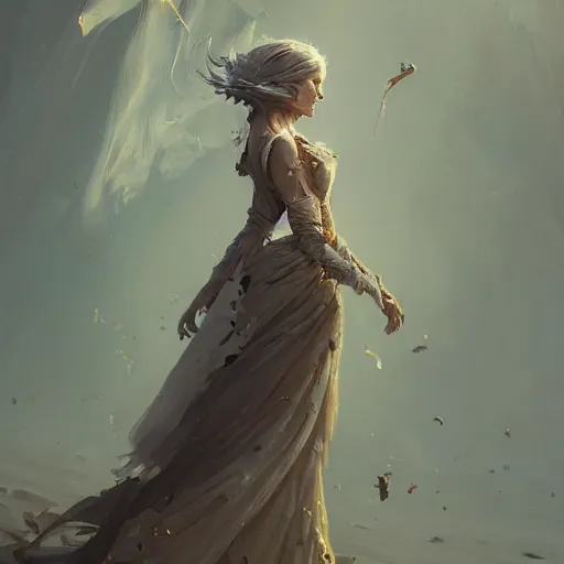 Image similar to a woman with dress balancing with wind, highly detailed, illustration, fantasy art, in the style of greg rutkowski, epic, fantasy, intricate, hyper detailed, artstation, concept art, smooth, sharp focus, ray tracing