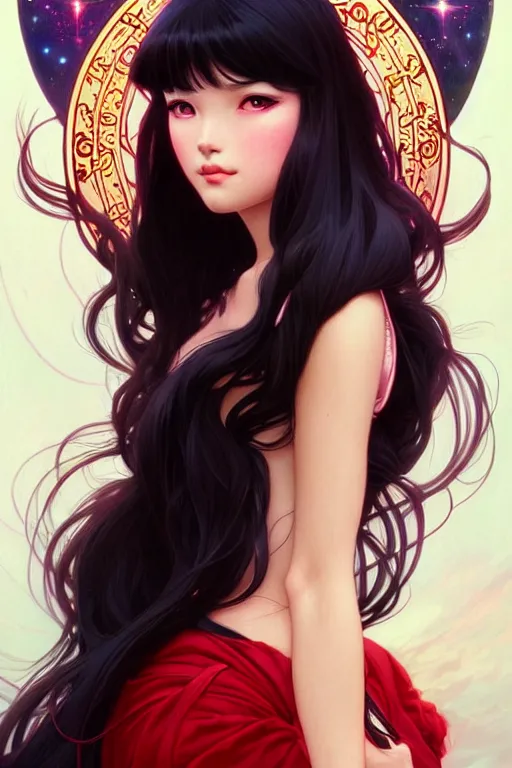 Image similar to a beautiful princess, long black hair and bangs, sailor mars aesthetic, fantasy, intricate, elegant, highly detailed, digital painting, artstation, concept art, matte, sharp focus, illustration, art by Artgerm and Greg Rutkowski and Alphonse Mucha