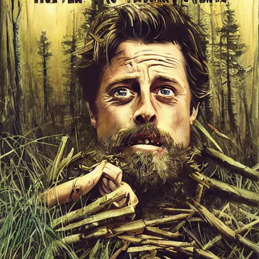 Prompt: hugh grant man vs wild, born survivor, face with beard, extreme, extreme log shot, wide shote, forest, fear, worms, bonfire, mud, man in white t - shirt, art by miyazaki hayao,