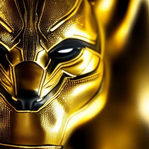 Image similar to a close up photo of a detailed golden statue of Black Panther, 8K,