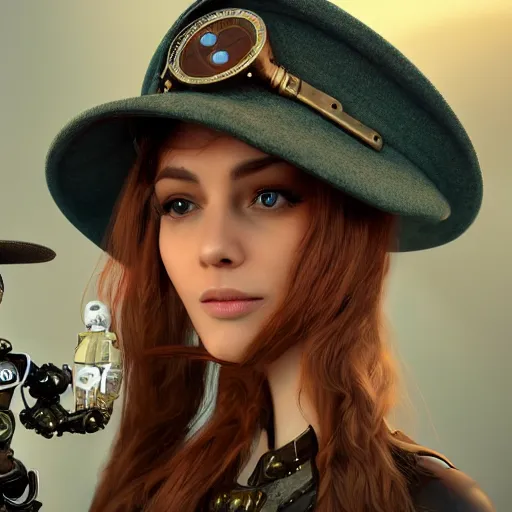 Prompt: a portrait beautiful steampunk woman and her cute robot cat in front of a spaceport, long hair, aged 2 5, slovenian, wearing a travel hat, photo realistic, real life, octane render, trending on artstation